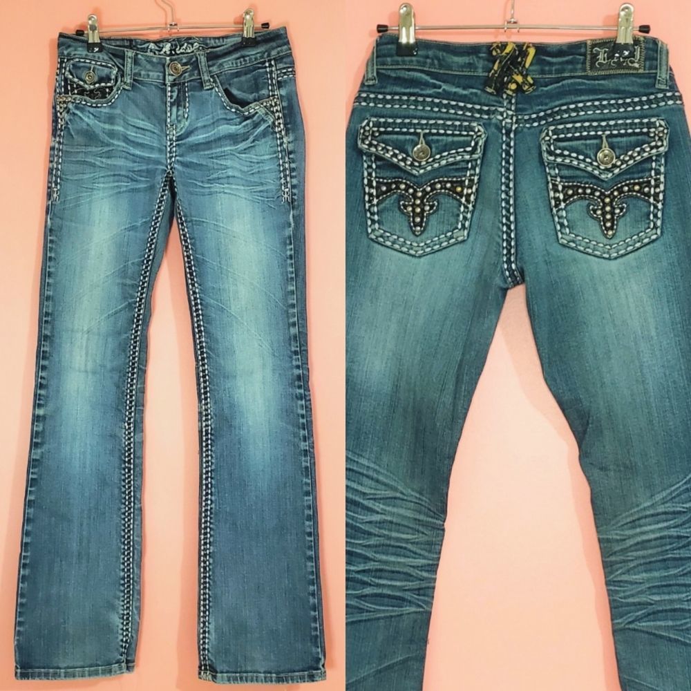 L.A. Idol Mid Rise Dark Wash faded Stud Pocket thick stiched Boot cut jeans
